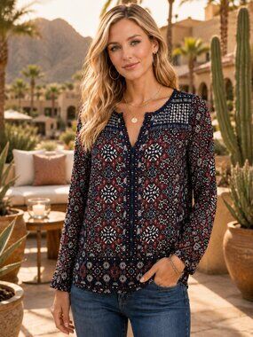 NWT Lucky Brand Boho Peasant Top Navy Crochet Trim Long Sleeve Button Cuff XS